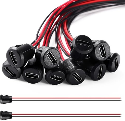 KUOQIY 10 Pièces USB-C Femelle 2 Fils Connecteur de Prise 3A, Ronde Connecteur USB-C Femelle 2 Fils avec Boucle à Rainure à Pression, USB Type-C Souder Connecteur avec 150mm 24 AWG, Noir
