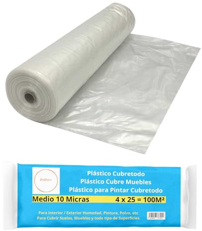 Film Plastique de Protection Transparent · Réutilisable et Recyclable · Bâche de Protection pour Peinture · Couverture Meubles Sols · Anti-Taches · Facile à Couper et à Utiliser (4x25 10 Micras)
