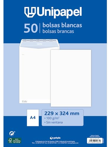 Unipapel - Buste di carta bianche da 100 g | 229 x 324 mm | 50 pezzi | Tipo sacchetto | Striscia autoadesiva in silicone Autodesk | Apertura superiore | FSC Documenti A4 senza pieghe