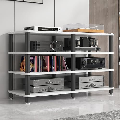 Audio Rack Hifi Regal Audiokomponenten-Rack-Tower Mit 4 Ebenen, Multifunktionales Stereo-AV-Medienregal/Verstärkerschrank Für Das Homeoffice, Aufbewahrungstisch Aus Holz Mit Stahlrahmen(White)