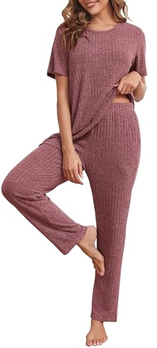 Wikoan Pyjamas Set for Women Ribbed Tracksuits Set Short Sleeve Tops and Wide Leg Pants 2 Piece Outfits Loungewear Sleepwear with Pockets Drawstring