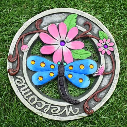 XNZJHPP Trittsteine, Gartensteine ​​als Geschenke für Mutter/Oma, runde dekorative Trittsteine ​​mit Schmetterlings- und Libellenmuster (Dragonfly)