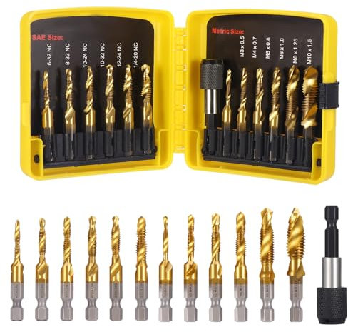 HSEAMALL 13 Stück Gewindebohrer Set,Kombi-Bohrer Gewindebohrer Bit Satz 6mm HSS M3-M10 Gewindeschneider-Set SAE 6-32NC bis 1/4-20NC Bohren Gewindeschneiden und Senken Eisen Aluminium Kupfer Metall
