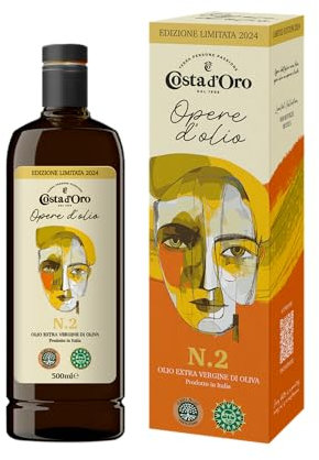 Costa d’Oro – Opere d’Olio N.2 500ML – Edizione Limitata. Un olio equilibrato, elegante anche nel gusto dell’amaro e del piccante, ideale per piatti ricettate come zuppe, minestre e sughi.