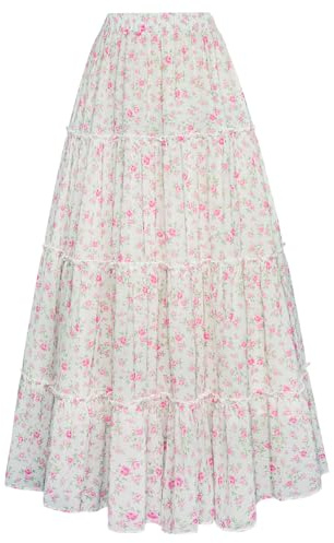 Scarlet Darkness Floral Maxi Long Skirts for Women Summer 2026 Tiered Skirt Flowy Boho Fairy Skirt with Pockets White Pink Floral S