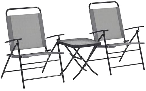 Outsunny Conjunto de Mesa y Sillas de Terraza Exterior de 3 Piezas Muebles de Jardín Exterior Plegables con Respaldo Regulable Tablero de Vidrio y Estructura de Acero Gris