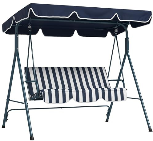 Outsunny Hollywoodschaukel 3-Sitzer Gartenschaukel mit Verstellbarem Dach, wasserabweisend Schaukelbank bis 240 kg belastbar, für Garten, Balkon, Mesh, Blau