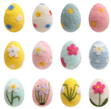 Generisch 12 Stück Osteranhänger Eier aus Filz kleine Ostereier zum Aufhängen, bunt bemalter Osterfilz zum Aufhängen von Bäumen, Filzeier, Pastell-Ostereier, Korbfüller, Frühlingsdekorationen