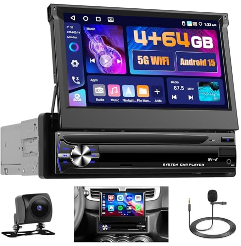 4+64GB Android 1 DIN Autoradio GPS Wireless Carplay Android Auto, Ecran Tactile 7 Pouces Retractable Android Poste Radio Voiture Bluetooth Soporte WiFi, DVR, USB, SWC, Caméra de Recul