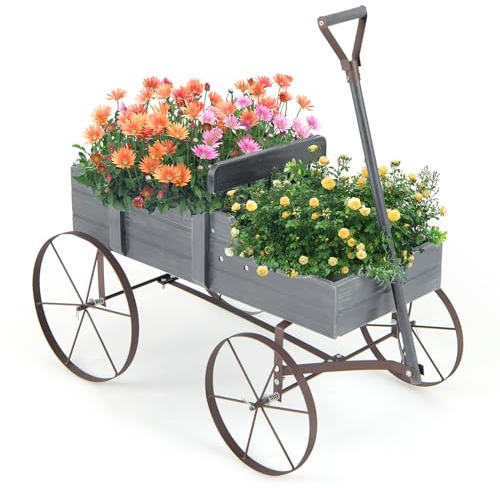 RELAX4LIFE Brouette Décorative en Bois avec 4 Roues en Métal, Chariot à Fleurs avec Capacité de Charge Jusqu'à 15 kg, Bac à Fleurs pour Jardin Balcon Terrasse (Gris)