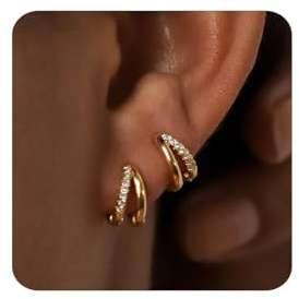 SIXDUTON Ohrringe Damen Doppel-Creolen 925 Silber, 18K Vergoldet Hypoallergen Goldene Creolen mit Zirkonia Leichte Kleine für Mädchen Mutter (Gold)