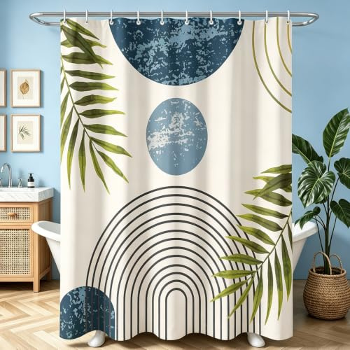 Lerores Duschvorhang 180x200 cm Blau Blätter Linie, Beschwerter Saum Antischimmel Textil, Wasserabweisend, Waschbar Polyester Badevorhänge mit 12 Ösen und Duschvorhangringen für Badezimmer, Badewanne