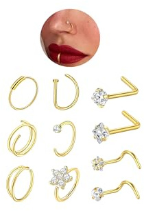 sawyofu 18G 20G Nose Ring Piercing Jewellery Gold 8MM 10PCS Small Thin Hypoallergenic Stainless Steel L-Shape Corkscrew Nose Stud Double Hoop Helix Body Piercing Jewellery for Women Men