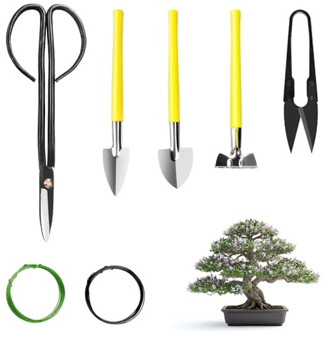 Kit Bonsai 7 Pièces Outils Bonsai avec Ciseaux pour Bonsaï, Mini Râteau et Pelles, Fil de Bonsaï 10m en Aluminium Anodisé
