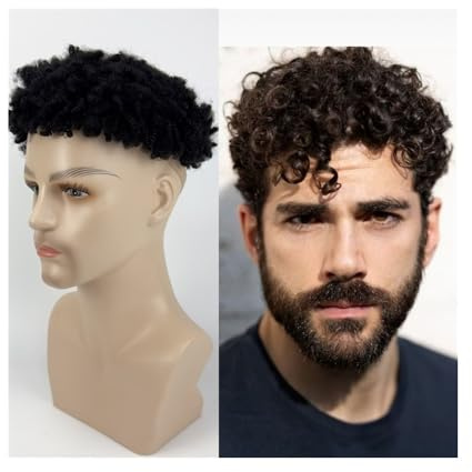 Peluquín para cabello de hombre Tupé masculino de 12 mm de cabello humano rizado con base de PU y prótesis capilar. Peluquín invisible y transpirable para cabello de
