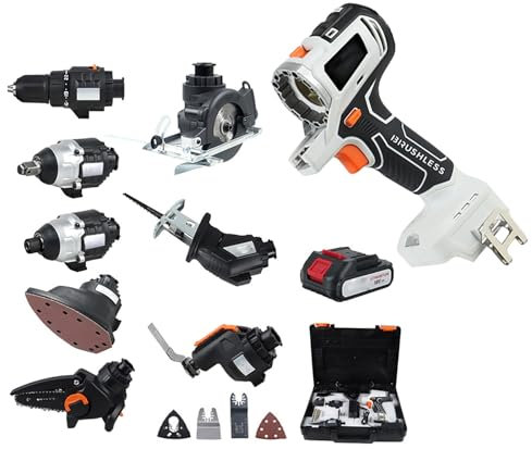 POGOAO Kit Combinato di Utensili elettrici brushless 10 in 1, Set di Utensili per Lavorazione del Legno a Batteria con Batteria da 6,0 Ah e Cassetta degli Attrezzi, Set di Utensili Multifunzione