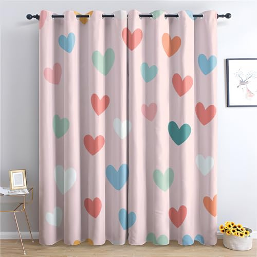 Venivici Herz Vorhänge Wohnzimmer Schlafzimmer - Rosa Herzen Mädchen Vorhang 260 cm Lang mit ösen, Gardinen Blickdicht, Verdunklungsvorhänge Kinderzimmer, Thermovorhang 2er Set, Fensterdeko Herz
