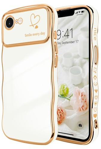 LCHULLE Kompatibel mit iPhone 16e Hülle Liebesherz Mädchen Handyhülle Wellen Lockige Form mit erhoben Kameraschutz Luxus Galvanisierte Schutzhülle Girls Case für iPhone 16e Weiß