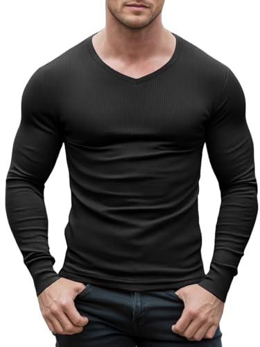 Agilelin Herren Slim Fit T-Shirts V-Ausschnitt,Stretch Langarmshirt,Casual Muskel Unterhemden