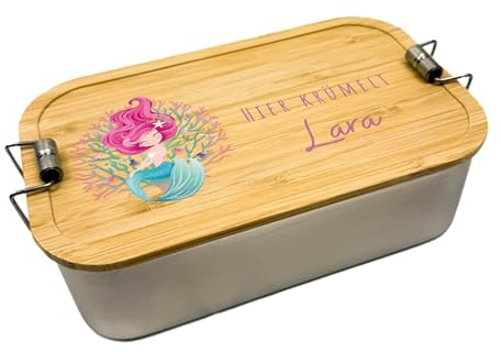 LARIFEE® | Brotdose personalisiert Meerjungfrau, Lunchbox mit Name, Schulanfang, Kindergarten, Einschulung, nachhaltige Vesperdose für Kinder