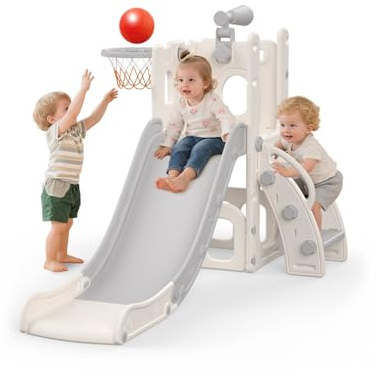 Hominewti Scivolo per Bambini, 5 in 1 Scivolo per Interni ed Esterni, Parco Giochi per Bambini con Canestro da Basket, Spazio di Archiviazione e Telescopio, Parco Giochi per Bambini da 1 Anno, Grigio