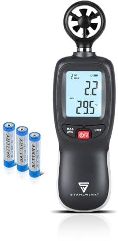 STAHLWERK Anemometer | Luftgeschwindigkeitsmesser 30 m/s | Windmessgerät | Kompakter Luftstrommesser | MAX/MIN/AVG/CU-Windgeschwindigkeitsdaten | Digitales Lufttemperaturmessgerät mit LCD-Display