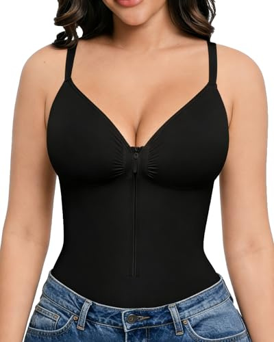 Curlady Tummy Control Shapewear Bodysuit for Women Seamless Zip-Up Body Shaper Snatched Waist Sculpting V Neck Thong Body Suit