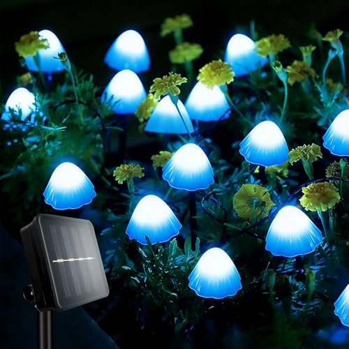 TOTHDATE Mini Mushroom Stake Solar Lights Blue Light, 5M 20LEDS Mushroom Solar Pathway Lighting 8 Lighting Modes IP44 Waterproof for Outdoor Garden Yard Lawns