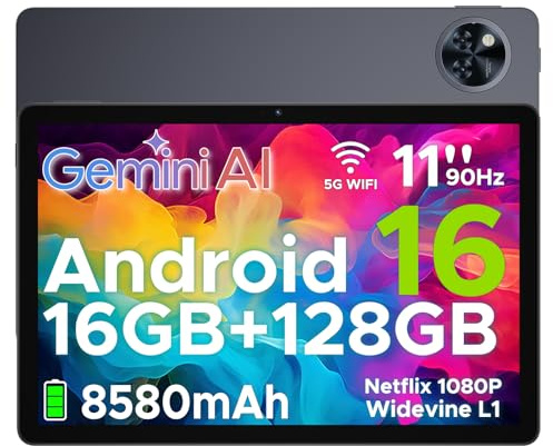 DOOGEE U11 Tablet Android 16, Tablet 11 Pollici, Gemini AI, 16GB RAM + 128GB ROM/2TB TF, 8580Amh, 7.9mm Thin, T7200 Octa-core, 90Hz 13MP, Support Face Unlock/GPS Grigio