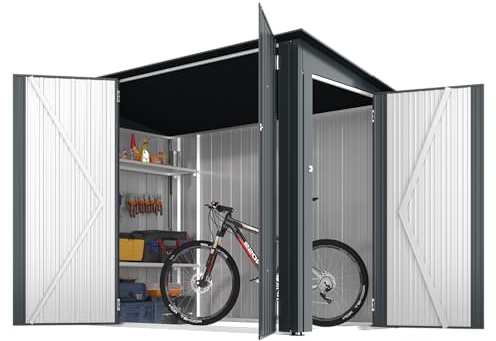 YODOLLA Fahrradschuppen 3 Türen mit Schloss, 238x118x170cm Gerätehaus Metall abschließbares Geräteschuppen, außen wasserdichtes verzinktes Stahlwerkzeuglager für Garten, Grau