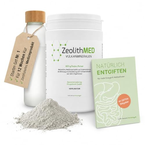 ZeolithMED Entgiftungskur Starter-Set – Natürlich entgiften mit Zeolith Vulkanmineral, Entgiftungspulver für Detox Kur, Darmreinigung & bewusste Reinigung von innen, inkl. gratis Flasche & Ratgeber