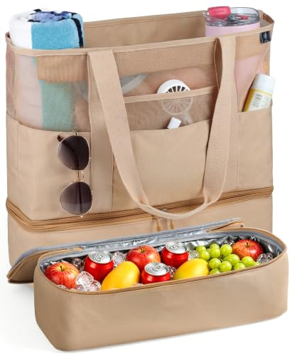 BONTHEE 2-in-1 Large Beach Bag with Cooler Compartment | XXL Sandproof Beach Tote Bags with Zipper for Pool, Cruise, Travel, Vacation Essentials - Black/Sandy Color