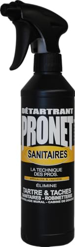 PRONET - Détartrant Sanitaire Salle de bain - Nettoie, Détartre et fait briller - Désincrustrant surpuissant - Toutes surfaces sanitaires : cabine de douche, évier, lavabo, robinetterie - Spray 500ml