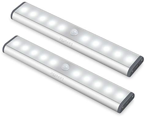 Wireless Motion Sensor Cabinet Lights 10-LED USB Rechargeable Closet Lights LED Under Cabinet Lighting for Wardrobe/Drawer/Stairs/Cupboard/Counter/Pantry/Stairs,Stick On Anywhere,2 Pack,White Light