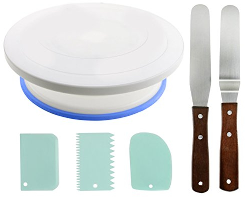 TIMESETL 360 ° Plato Giratorio de la Torta con Anillo Antideslizante + 2pcs Acero Inoxidable Espátulas + 3pcs Paletas de Plástico para Repostería Soporte de Decoración de Pasteles 28/23/13cm
