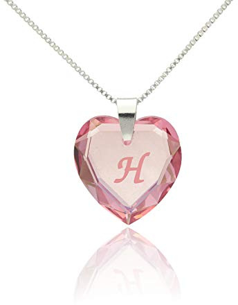 Kette mit Gravur 925 Silber, SWAROVSKI ELEMENTS Herz Anhänger Farbe Rosé AB und Buchstabengravur  H , Herzkette als Geschenk für die Frau, Freundin oder zum Valentinstag