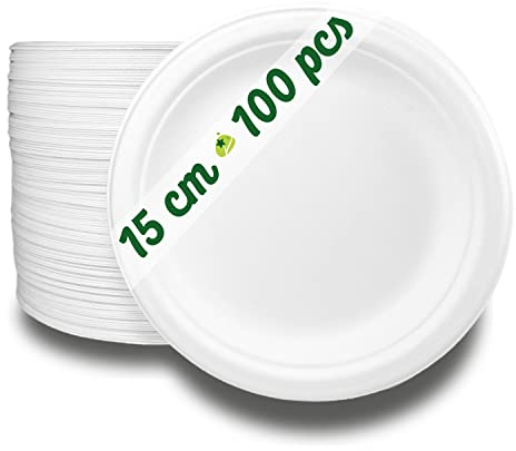 GoBeTree 100 assiettes jetables rondes en bagasse de canne à sucre blanches de 15 cm. Assiettes en papier jetables extra-résistantes, pour camping, pique-niques, fêtes, barbecues, anniversaires
