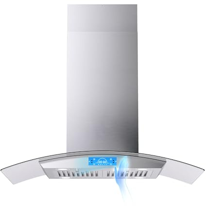 FIREGAS Island Range Hood 36 inch 700 CFM, Island Mount Kitchen Vent Hood with Tempered Glass, 4 LED Lights, 3 Speed Fan,Touch Control,Permanent Filter,Charcoal Filter, Stainless Steel,Ceiling Mount
