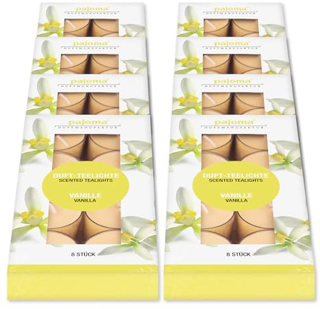 pajoma® Teelichte 8er Pack, Vanille | 64 Duft-Teelichte in Polycarbonathülle, Brenndauer ca. 4 Stunden - Höhe 1,5 cm ø 3,5 cm | Premium Qualität | Deko, Gastronomie, Outdoor, Windgläser, Hochzeit