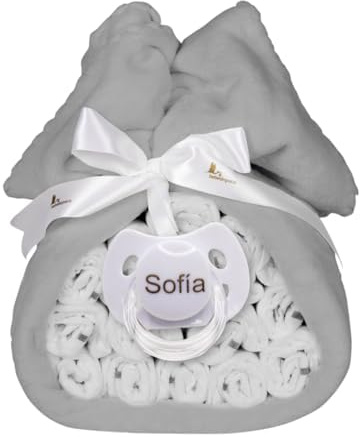 Windeltorte | Geschenk zur Geburt | Bestickte Fleecedecke mit Namen + 15 Moltex Premium Windeln + Personalisierter Schnuller | Unisex (Grau) | BebeDeParis