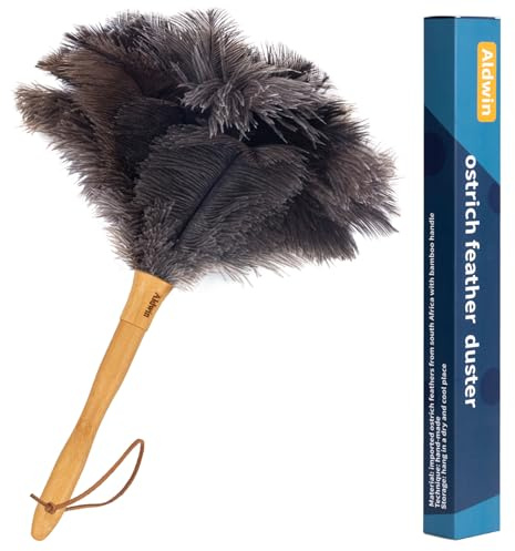Genuine Ostrich Feather Duster, 16 inch Gray Ostrich Feather Duster with Wood Handle, Reusable Car Dusters, Eco-Friendly Handheld Cleaning Dusters for Home, Office and Kitchen