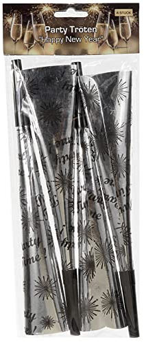 4 Stück Party Tröte Happy New Year 25cm lang in Silber perfektes Gatget für die Silvesternacht Party Lufttröte Silvester Hochzeit