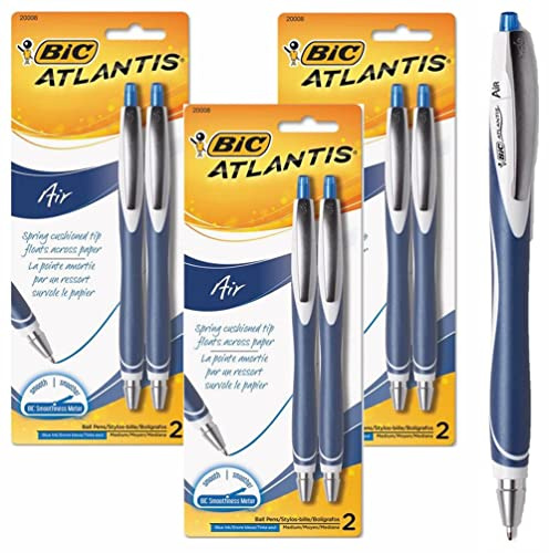 Bic Atlantis Air - 6 penne a sfera retrattili, punta a molla a flusso d'inchiostro, colore blu