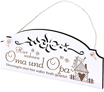 DEKO-LANDO Schild Hier Wohnen Oma und Opa – Vintage Türschild mit Ornamenten – Motiv Vogelhaus 20 x 10 cm