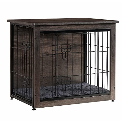 DWANTON Dog Crate Furniture with Cushion, Wooden Kennel Table with Double Doors, Indoor Dog House, Small/Medium/Large/Extra Large Size, 27.2 L, Dark Gray