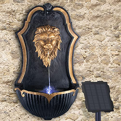 Solar Lion Head Wall Fountain with Li-ion Battery and LEDs - Self Contained Majestic Water Feature Decor