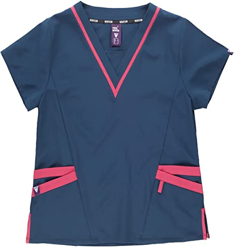 Work Team Workteam Casaca Sanitaria Mujer Manga Corta, Tejido Elástico Cuello a Pico Combinado. Camisa Médico, Enfermera, Dentista, Estética, Veterinaria. Mujer Azafata+Rosa Fucsia L