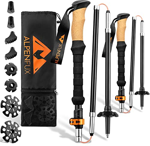 ALPENFUX® Premium Wanderstöcke faltbar, Trekkingstöcke, Nordic Walking Stöcke, leicht und verstellbar mit Klemmverschluss und Korkgriff für Damen und Herren, schwarz, orange