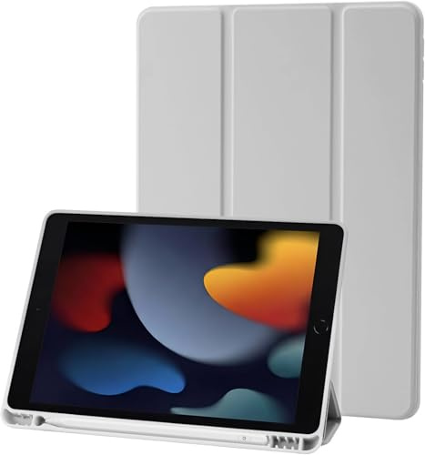 Hülle Kompatibel mit iPad 9 8 7 Generation 10.2 Zoll, Model 2021/2020/2019,9./8./7. Hülle mit Stifthalter, Trifold Ständer Schutzhülle, Auto Schlafen/Wachen for iPad 10,2 - Hellgrau