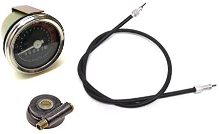 Tacho-Set mit Welle & Antrieb passend für Puch Maxi 17 Zoll – Tachometer 80 km/h Ø48mm – VDO Tachoschnecke & Tachowelle 750 mm M10 – Moped Mokick